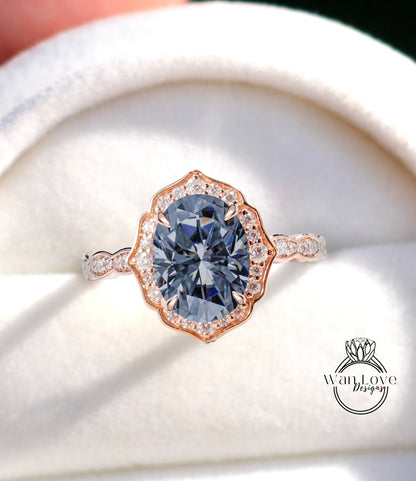 Anello di fidanzamento Moissanite grigio a forma ovale vintage Anello in oro rosa Art Déco unico anello nuziale con diamante antico Halo Anello di promessa