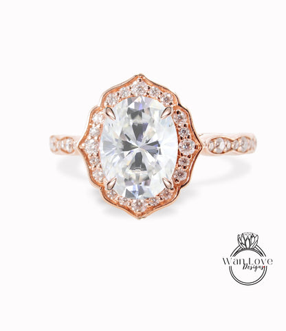 Anello di fidanzamento Moissanite vintage a forma ovale Anello in oro rosa Art Déco unico anello da sposa con diamante antico halo Anello di promessa per lei