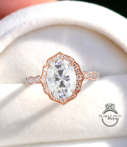 Anello di fidanzamento Moissanite vintage a forma ovale Anello in oro rosa Art Déco unico anello da sposa con diamante antico halo Anello di promessa per lei