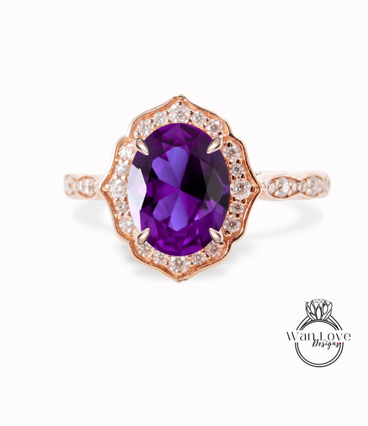 Vintage Oval Shaped Purple Alexandrite Sapphire Engagement ring Art Deco rose gold ring antique diamond halo wedding bridal Promise ring