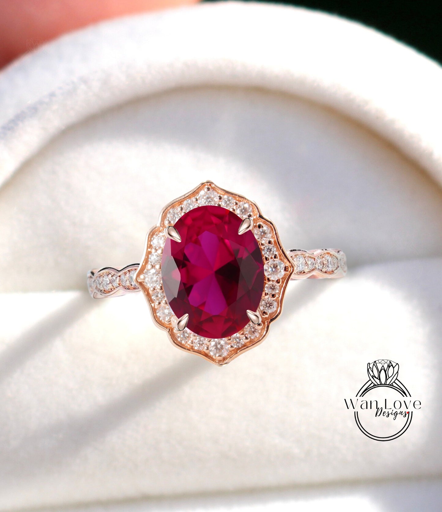Oval shape Ruby engagement ring diamond halo ring moissanite scalloped ring unique ring vintage ring rose gold ring anniversary ring