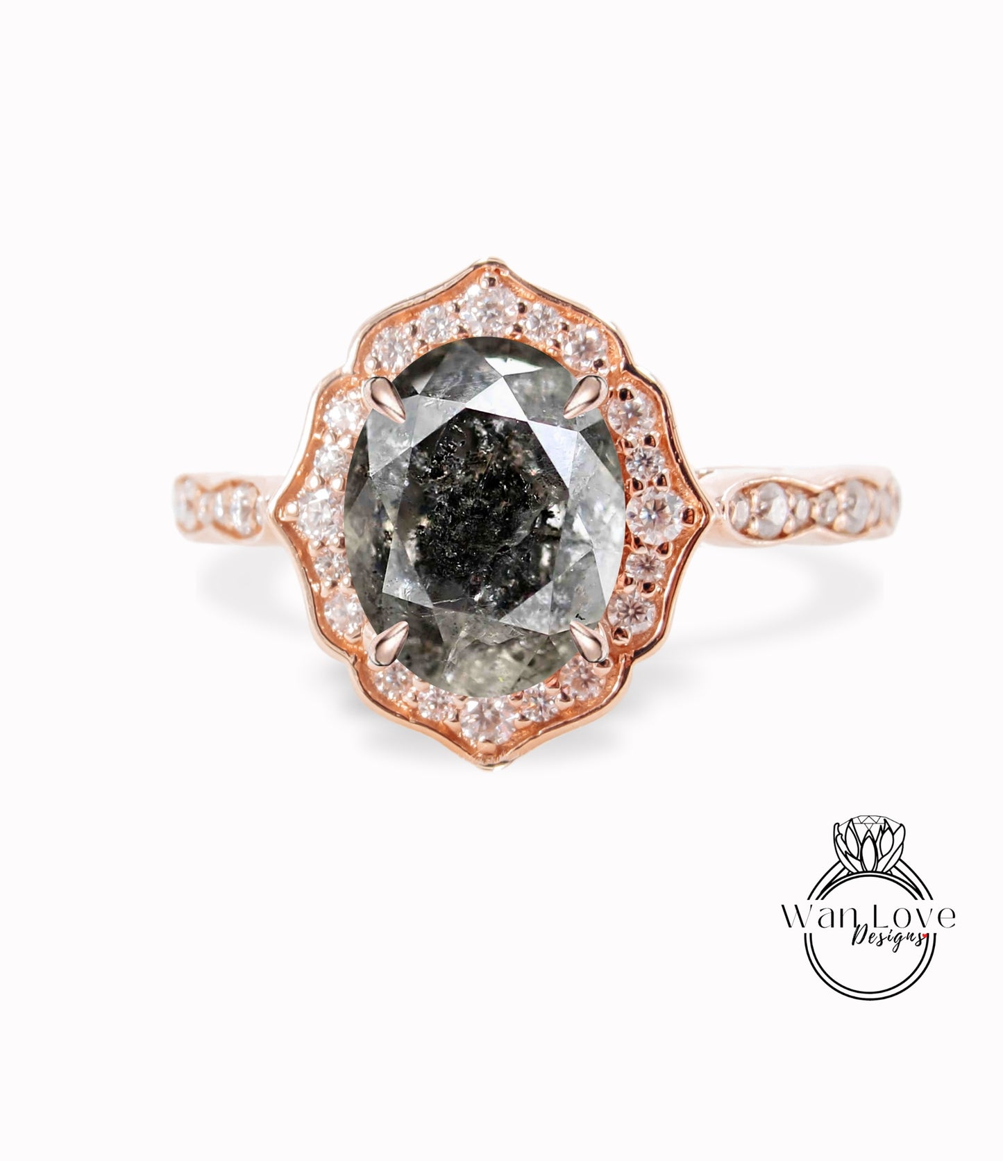 Custom Listing for Baylee Salt & Pepper Galaxy Diamond Oval Scalloped Floral Vintage Engagement Ring Set with Leaf Band
