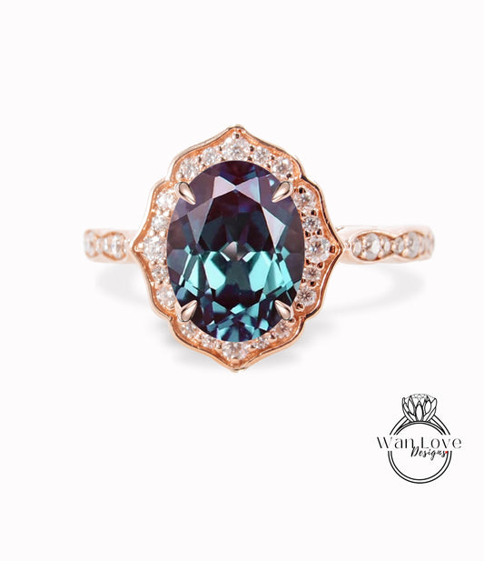 Oval shape Alexandrite & diamond halo engagement ring moissanite scalloped bridal ring unique vintage ring rose gold wedding anniversary ring