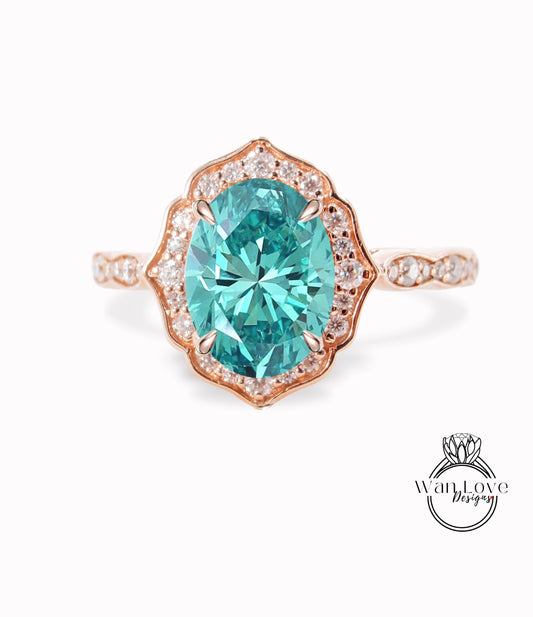 Vintage Oval Shaped Teal Blue Green Moissanite Engagement ring Scalloped Art Deco rose gold ring unique antique diamond halo wedding bridal ring Promise ring