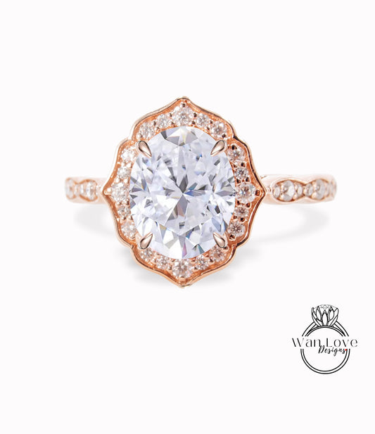 Anello di fidanzamento con zaffiro bianco di forma ovale, anello con alone di diamanti, anello smerlato in moissanite, anello vintage unico, anello in oro rosa, anello anniversario