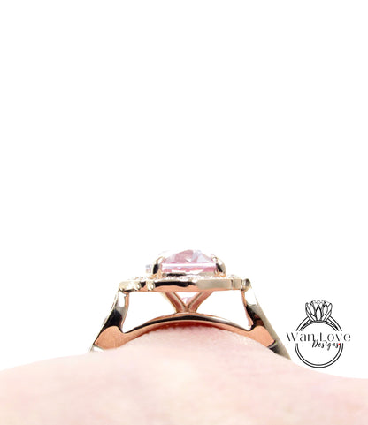 Anello di fidanzamento Halo ovale graduato con smeraldi e diamanti, personalizzato, matrimonio, 14k 18k bianco rosa oro giallo, platino, WanLoveDesigns