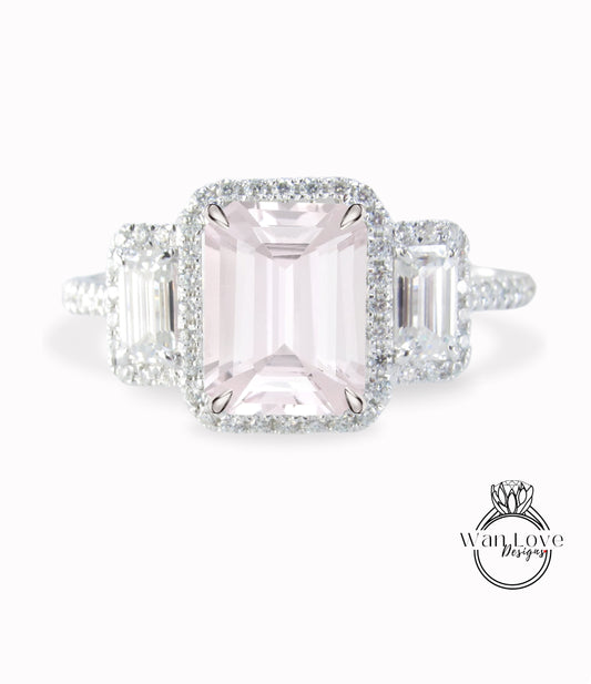 Emerald Halo Light Pink Sapphire & Diamonds Baguette Ring, Art Deco Engagement Ring, Diamond Side Stone Ring, Three Stone Halo Diamond Ring