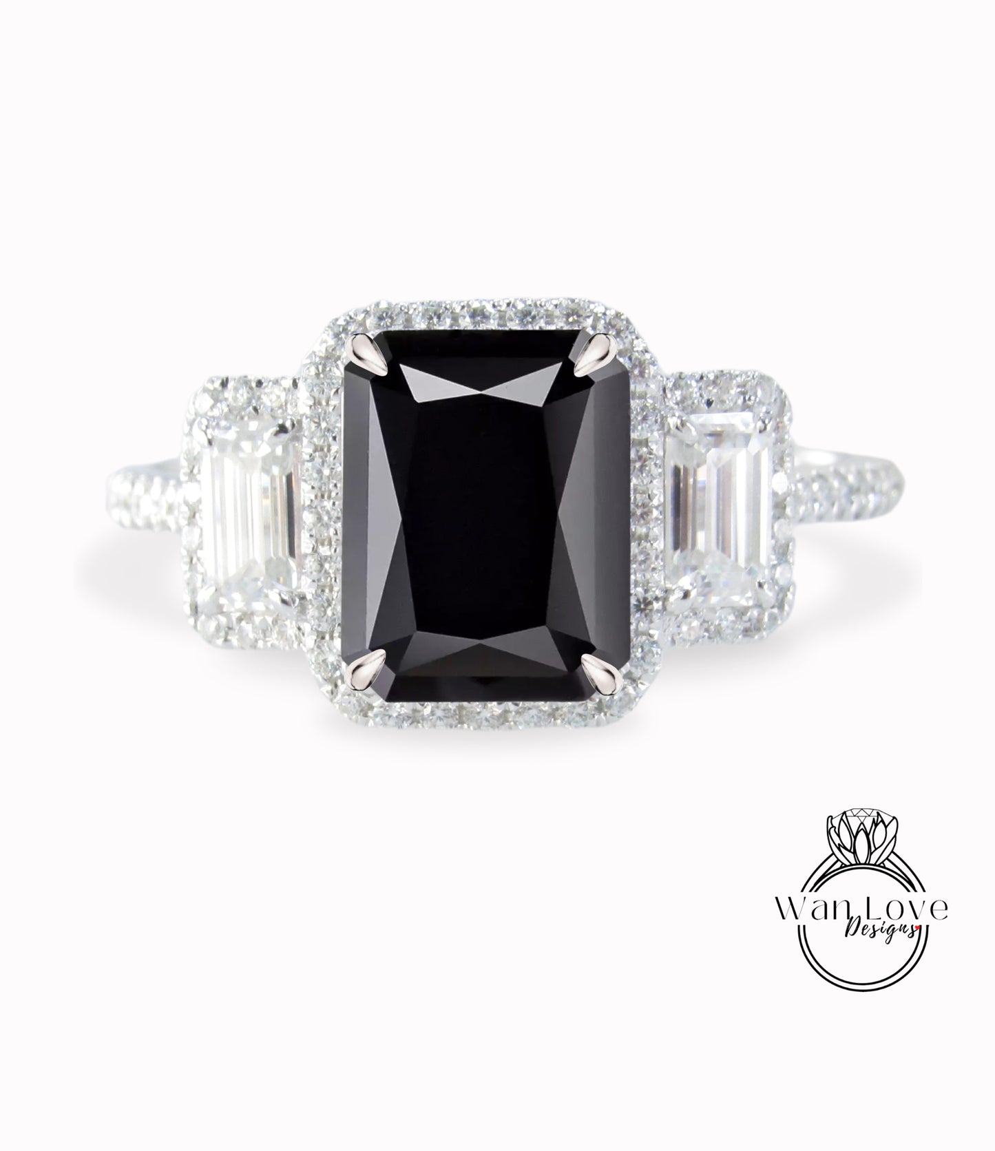 Emerald Halo Black Spinel & Diamonds Baguette Ring, Art Deco Engagement Ring, Diamond Side Stone Ring, Three Stone Halo Diamond Ring