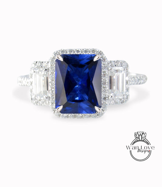 Emerald Halo Blue Sapphire & Diamonds Baguette Ring, Art Deco Engagement Ring, Diamond Side Stone Ring, Three Stone Halo Diamond Ring
