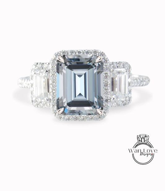 Emerald Halo Gray Moissanite & Diamonds Baguette Ring, Art Deco Engagement Ring, Diamond Side Stone Ring, Three Stone Halo Diamond Ring