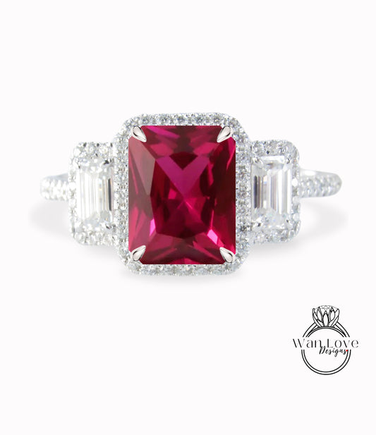 Emerald Halo Ruby & Diamonds Baguette Ring, Art Deco Engagement Ring, Diamond Side Stone Ring, Three Stone Halo Diamond Ring
