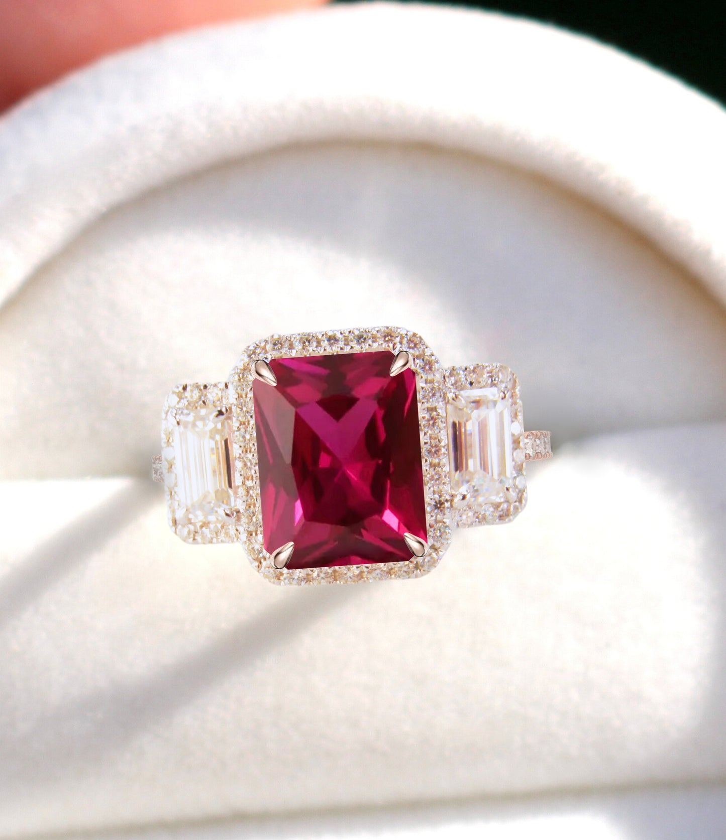 Emerald Halo Ruby & Diamonds Baguette Ring, Art Deco Engagement Ring, Diamond Side Stone Ring, Three Stone Halo Diamond Ring