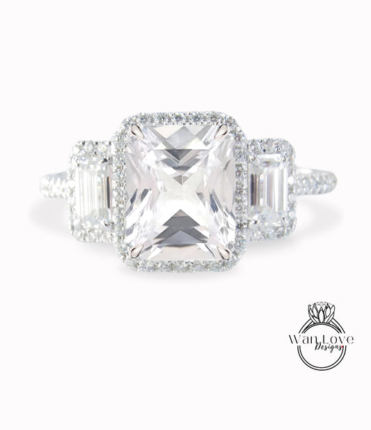 Emerald Halo White Sapphire & Diamonds Baguette Ring, Art Deco Engagement Ring, Diamond Side Stone Ring, Three Stone Halo Diamond Ring