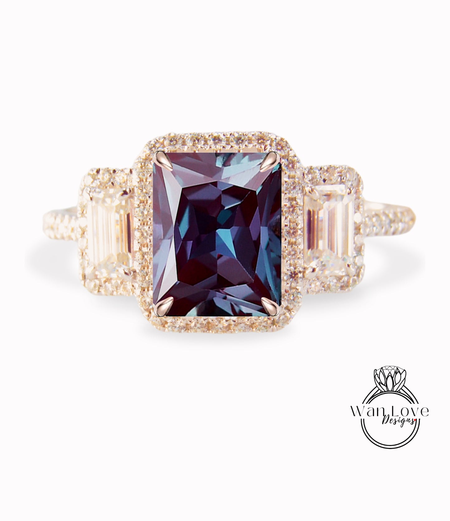 Emerald Halo Alexandrite & Diamonds Baguette RIng, Art Deco Engagement Ring, Diamond Side Stone Ring, Three Stone Halo Diamond Ring