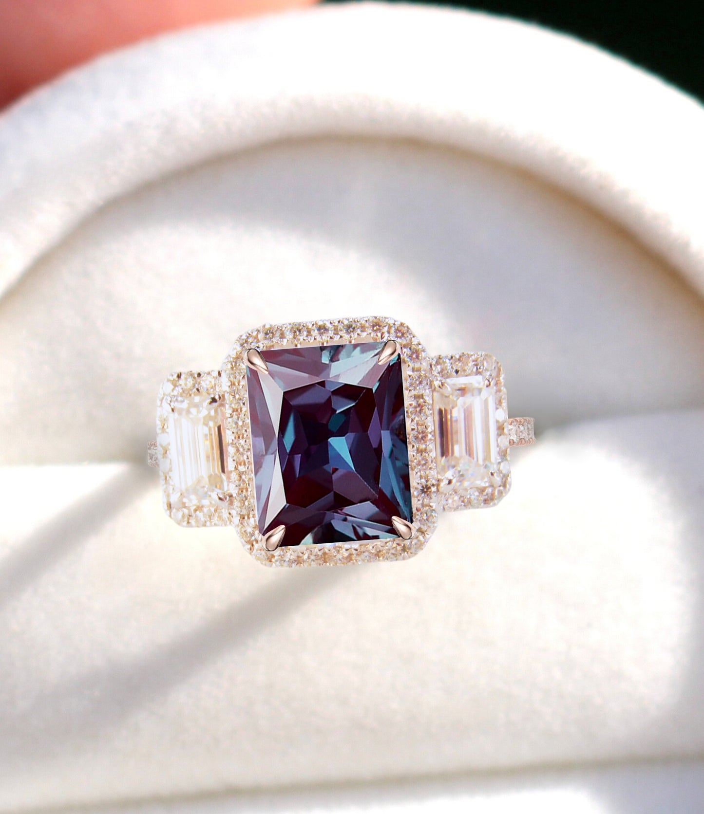 Emerald Halo Alexandrite & Diamonds Baguette RIng, Art Deco Engagement Ring, Diamond Side Stone Ring, Three Stone Halo Diamond Ring