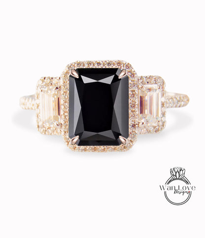 Emerald Halo Black Spinel & Diamonds Baguette Ring, Art Deco Engagement Ring, Diamond Side Stone Ring, Three Stone Halo Diamond Ring