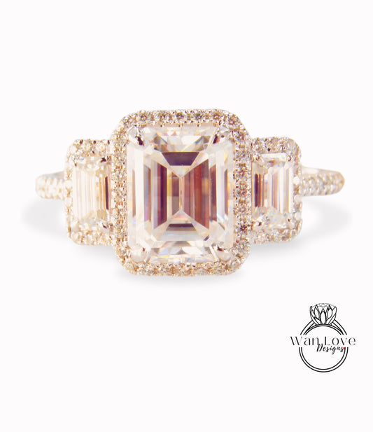 4ct Moissanite Emerald cut Engagement Ring, Radiant Moissanite diamond 3 gem stone ring, solid white gold Bridal Ring, Anniversary ring gift