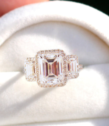 Emerald cut Moissanite Engagement Ring Radiant Moissanite diamond 3 gem stone ring solid white gold Bridal promise Ring Anniversary ring