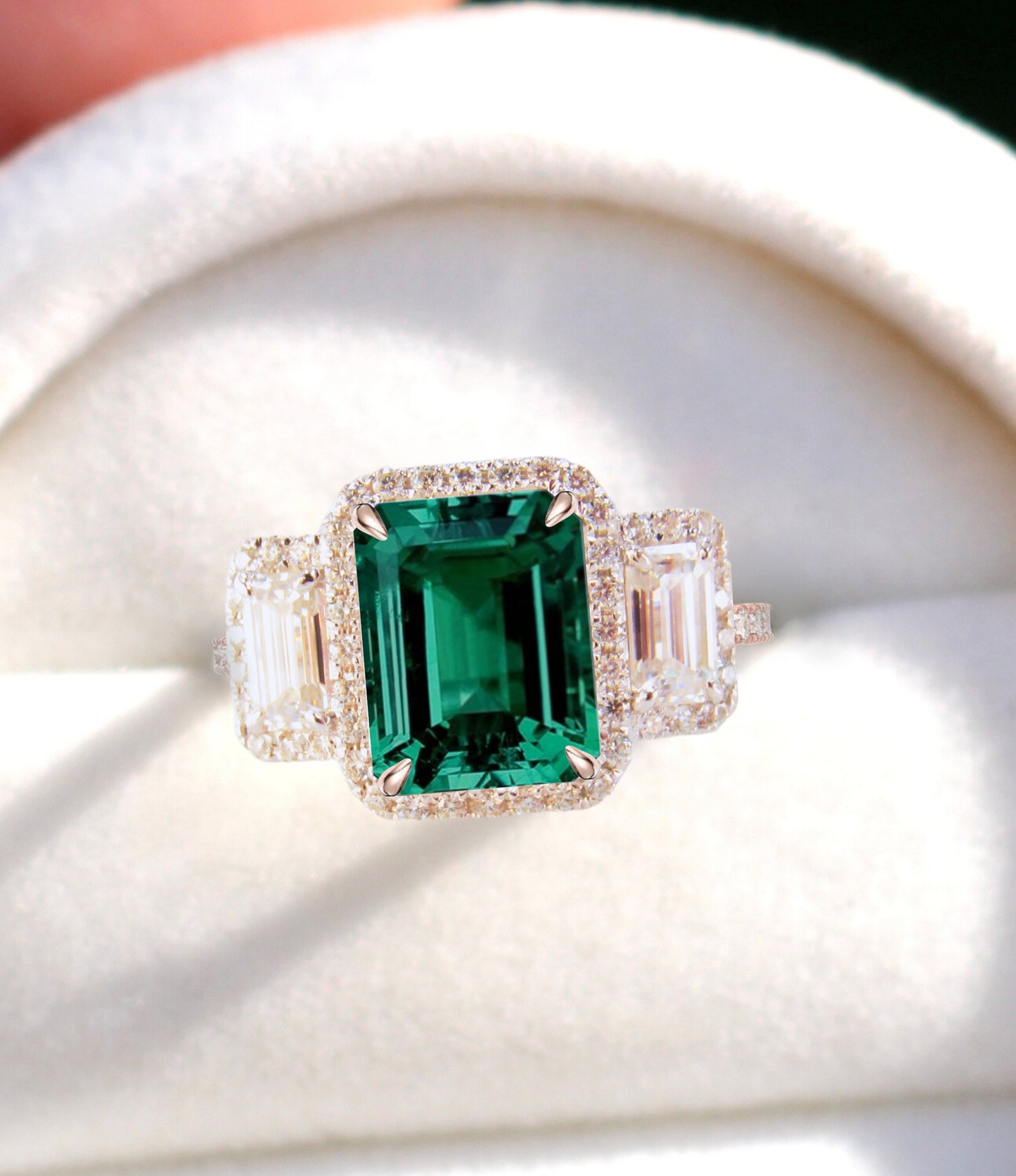 Emerald Halo Emerald & Diamonds Baguette RIng, Art Deco Engagement Ring, Diamond Side Stone Ring, Three Stone Halo Diamond Ring