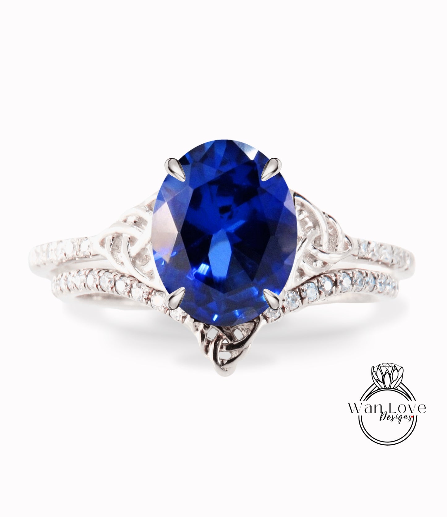 Blue Sapphire & Diamond Celtic Love Knot Oval cut Triquetra Engagement Ring Bridal Curved Nesting Wedding Band Set, Anniversary Gift
