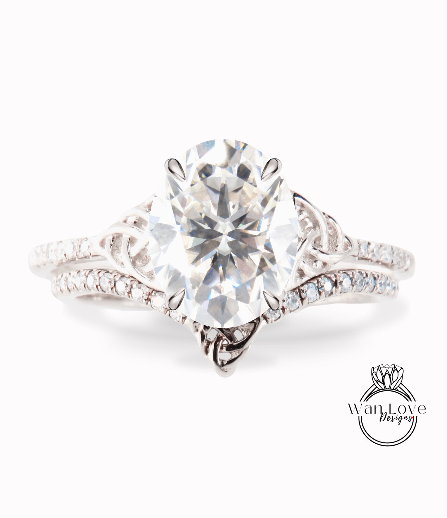 Moissanite & Diamond Celtic Love Knot Oval cut Triquetra Engagement Ring Bridal Curved Nesting Wedding Band Set, Anniversary Gift