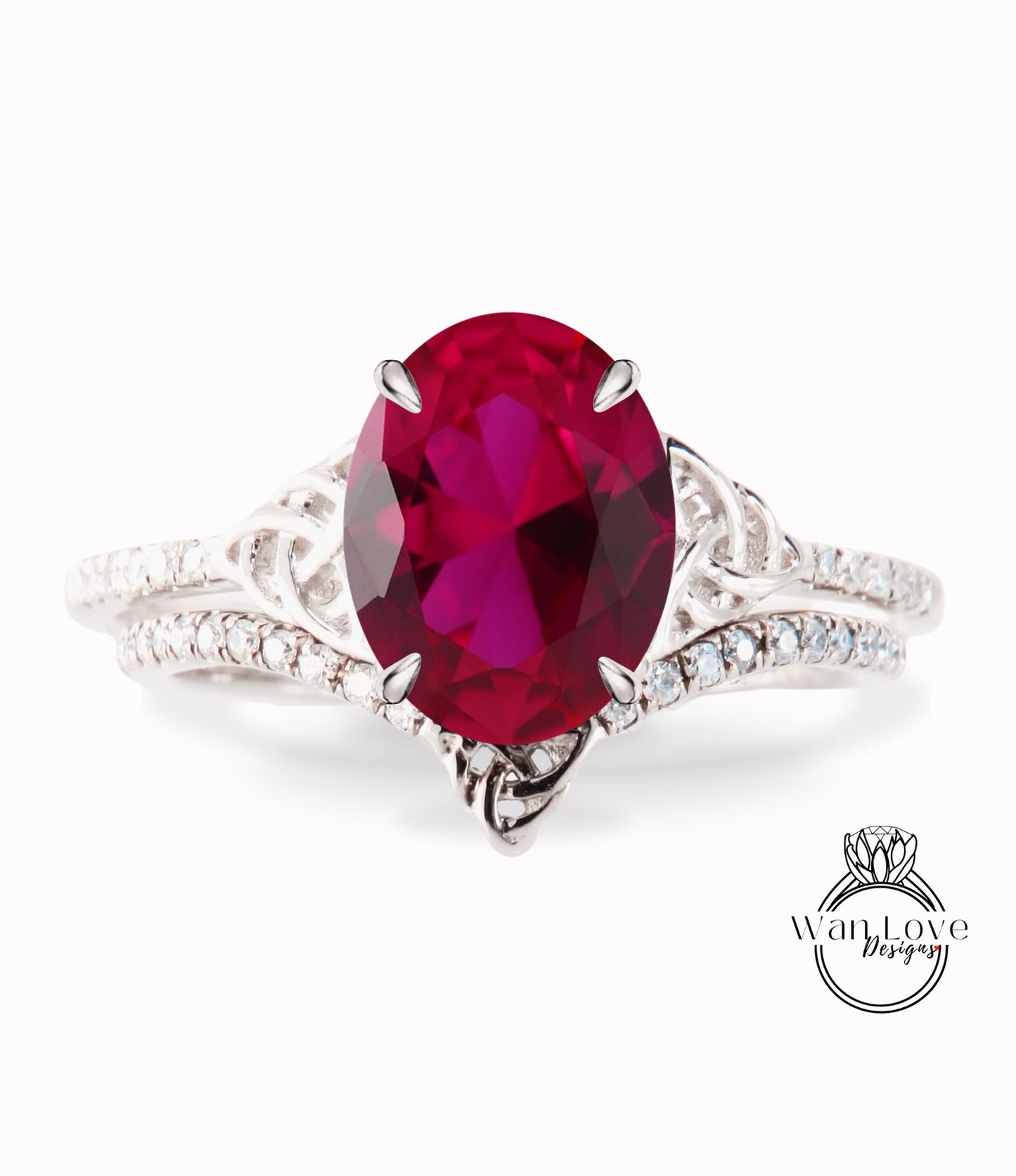 Ruby & Diamond Celtic Love Knot Oval cut Triquetra Engagement Ring Bridal Curved Nesting Wedding Band Set, Anniversary Gift