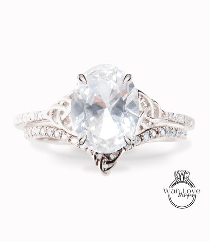 White Sapphire & Diamond Celtic Love Knot Oval cut Triquetra Engagement Ring Bridal Curved Nesting Wedding Band Set, Anniversary Gift