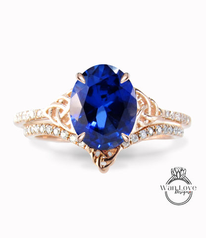 Blue Sapphire & Diamond Celtic Love Knot Oval cut Triquetra Engagement Ring Bridal Curved Nesting Wedding Band Set, Anniversary Gift