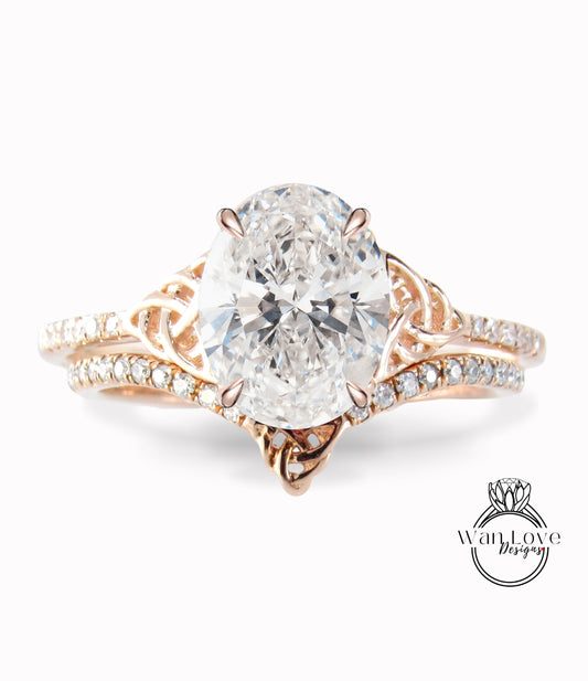 Nodo celtico diamante anello di fidanzamento ovale anello di fidanzamento curvo V Chevron set di fedi nuziali, IGI HPHT CVD Lab diamanti personalizzati, oro 14k 18k, platino