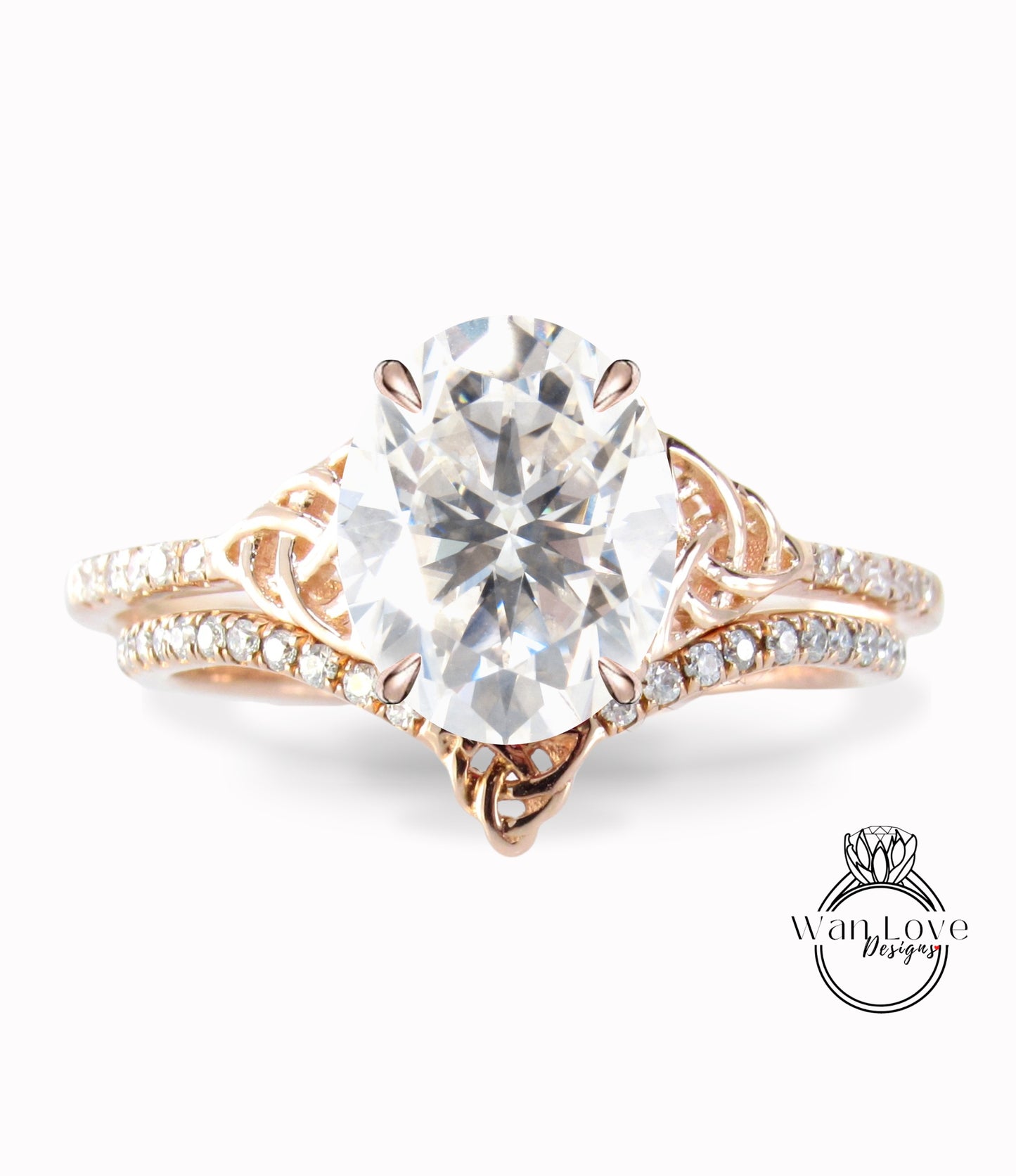 Moissanite & Diamond Celtic Love Knot Oval cut Triquetra Engagement Ring Bridal Curved Nesting Wedding Band Set, Anniversary Gift