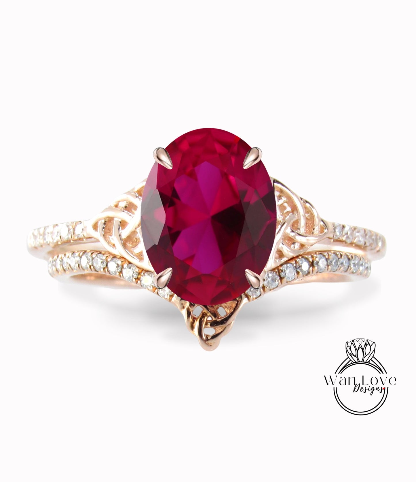 Ruby & Diamond Celtic Love Knot Oval cut Triquetra Engagement Ring Bridal Curved Nesting Wedding Band Set, Anniversary Gift