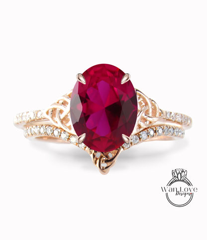 Ruby & Diamond Celtic Love Knot Oval cut Triquetra Engagement Ring Bridal Curved Nesting Wedding Band Set, Anniversary Gift