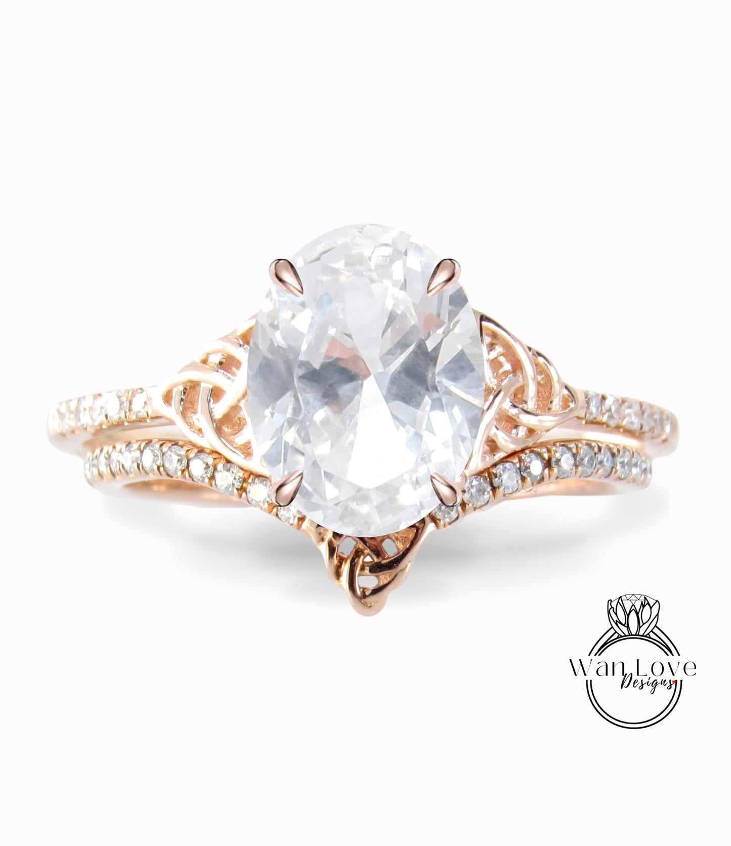 White Sapphire & Diamond Celtic Love Knot Oval cut Triquetra Engagement Ring Bridal Curved Nesting Wedding Band Set, Anniversary Gift