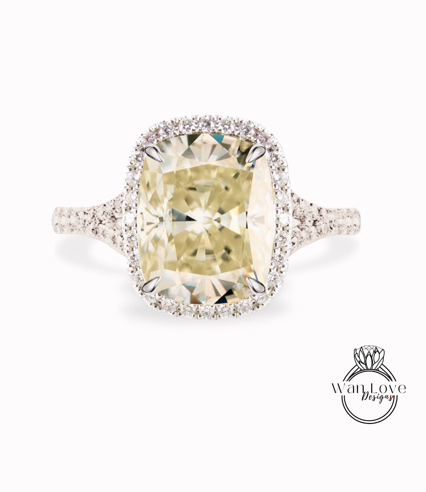 Champagne Moissanite & Diamond Elongated Cushion Halo Split Shank Ring Engagement Ring Art Deco split band Halo Ring Wedding bridal ring Anniversary gift