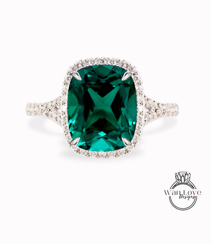 Emerald & Diamond Elongated Cushion Halo Split Shank Ring Engagement Ring Art Deco split band Halo Ring Wedding bridal ring Anniversary gift