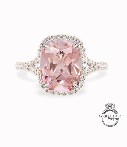 Peach Sapphire & Diamond Elongated Cushion Halo Split Shank Ring Engagement Ring Art Deco split band Halo Ring Wedding bridal ring Anniversary gift