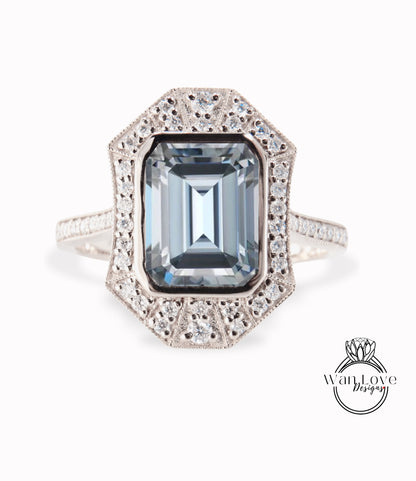 Art Deco Gray Moissanite & Diamond Ring, Vintage milgrain Bezel Emerald cut Halo Ring, Art Deco Wedding Bridal Ring Anniversary Promise Ring