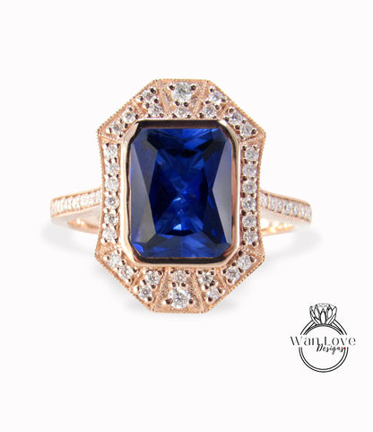 Anello Art Deco Halo con zaffiro blu e diamanti, anello Milgrain Bezel Halo, anello con zaffiro Moissanite, anello di ispirazione vintage