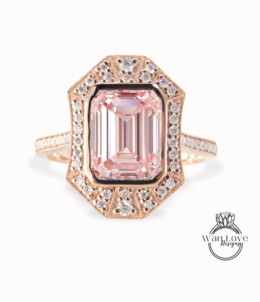 Art Deco Halo Peach Sapphire & Diamond Emerald cut Ring, Milgrain Bezel Halo Ring, Sapphire Moissanite Ring, Vintage Inspired Ring