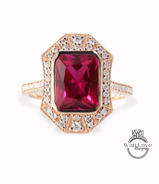 Art Deco Halo Ruby & Diamond Ring, Milgrain Bezel Halo Ring, Emerald Moissanite Ring, Vintage Inspired Ring