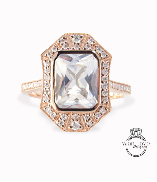 Anello Art Deco con zaffiro bianco e diamante, anello Halo con castone Milgrain, anello con zaffiro Moissanite, anello di ispirazione vintage