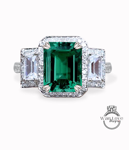 Emerald & Diamond Baguette Emerald cut 3 gemstone triple halo Engagement Ring, 14k 18k White Yellow Rose gold-Platinum-Custom-Bridal Wedding ring-Anniversary Gift