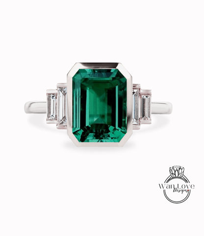 Emerald & Diamond Emerald cut Baguette Bezel 5 Gemstone Art Deco Moissanite Diamond Engagement Ring Custom Wedding Anniversary Gift