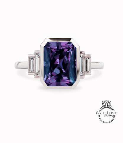 Purple Sapphire Color Change Alexandrite & Diamond Emerald cut Baguette Bezel 5 Gemstone Art Deco Moissanite Diamond Engagement Ring Custom Wedding Anniversary Gift