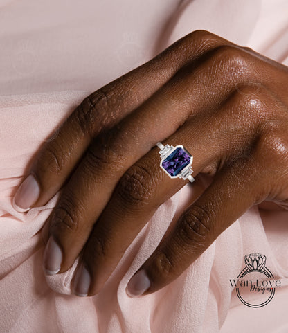 Purple Sapphire Color Change Alexandrite & Diamond Emerald cut Baguette Bezel 5 Gemstone Art Deco Moissanite Diamond Engagement Ring Custom Wedding Anniversary Gift