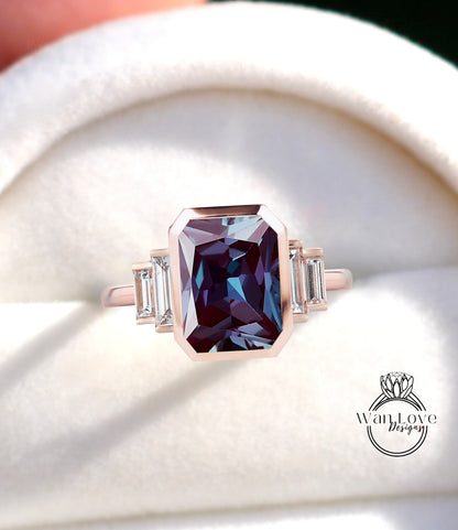 Alexandrite & Diamond Emerald cut Baguette Bezel 5 Gemstone Art Deco Moissanite Diamond Engagement Ring Custom Wedding Anniversary Gift