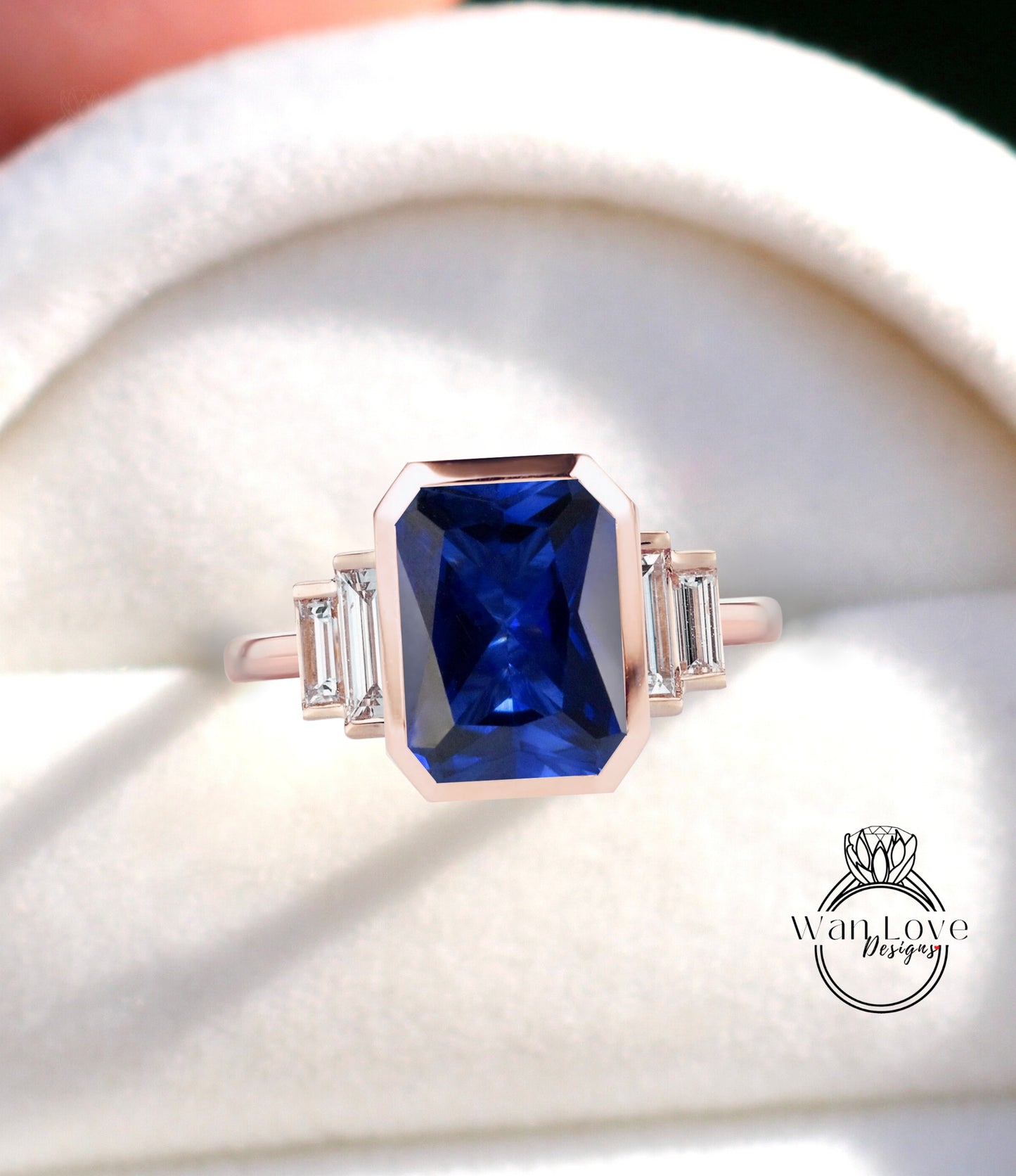 Blue Sapphire & Diamond Emerald cut Baguette Bezel 5 Gemstone Art Deco Moissanite Diamond Engagement Ring Custom Wedding Anniversary Gift