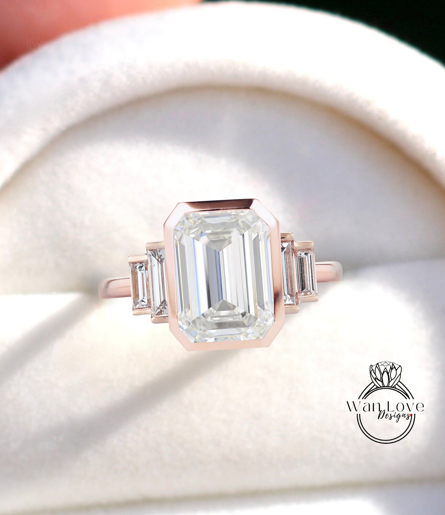 Diamond Emerald cut Baguette Bezel 5 Gemstone Art Deco Certified Diamond Engagement Ring Custom Wedding Anniversary Gift