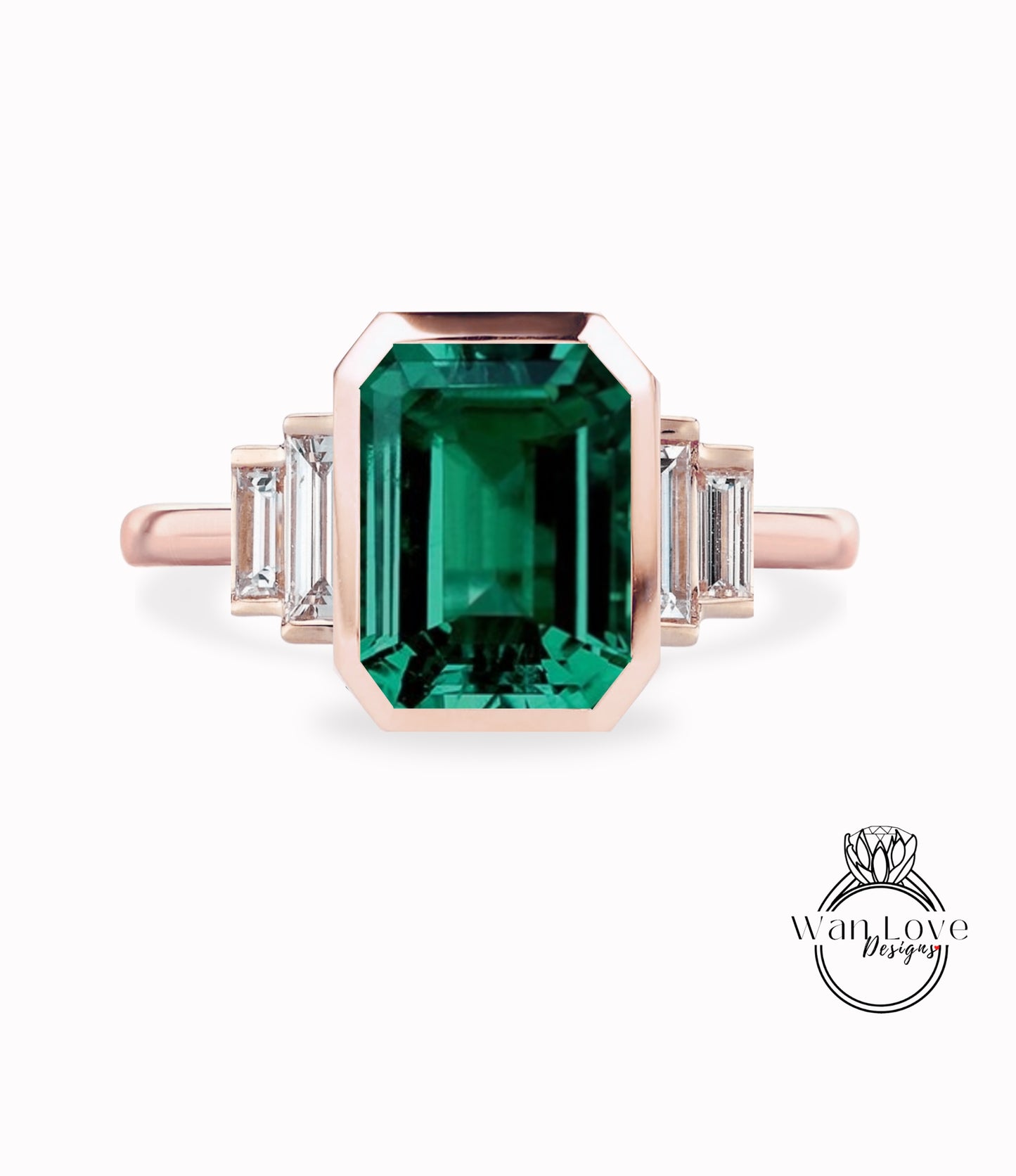 Emerald & Diamond Emerald cut Baguette Bezel 5 Gemstone Art Deco Moissanite Diamond Engagement Ring Custom Wedding Anniversary Gift