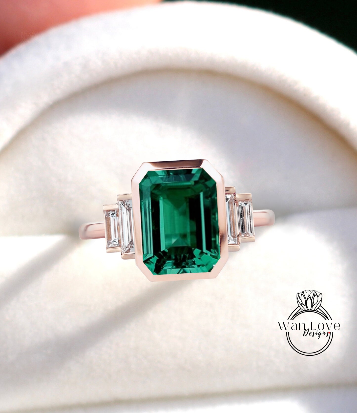 Emerald & Diamond Emerald cut Baguette Bezel 5 Gemstone Art Deco Moissanite Diamond Engagement Ring Custom Wedding Anniversary Gift